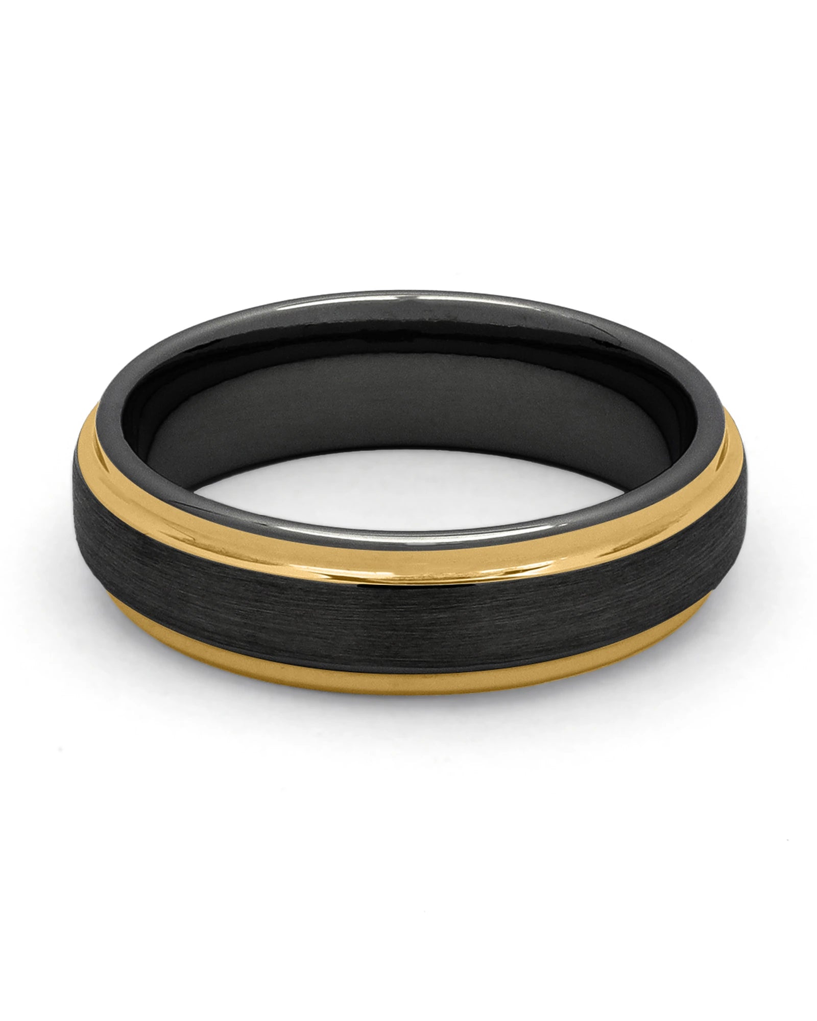 Front view of black and gold 6mm Ridge tungsten wedding band