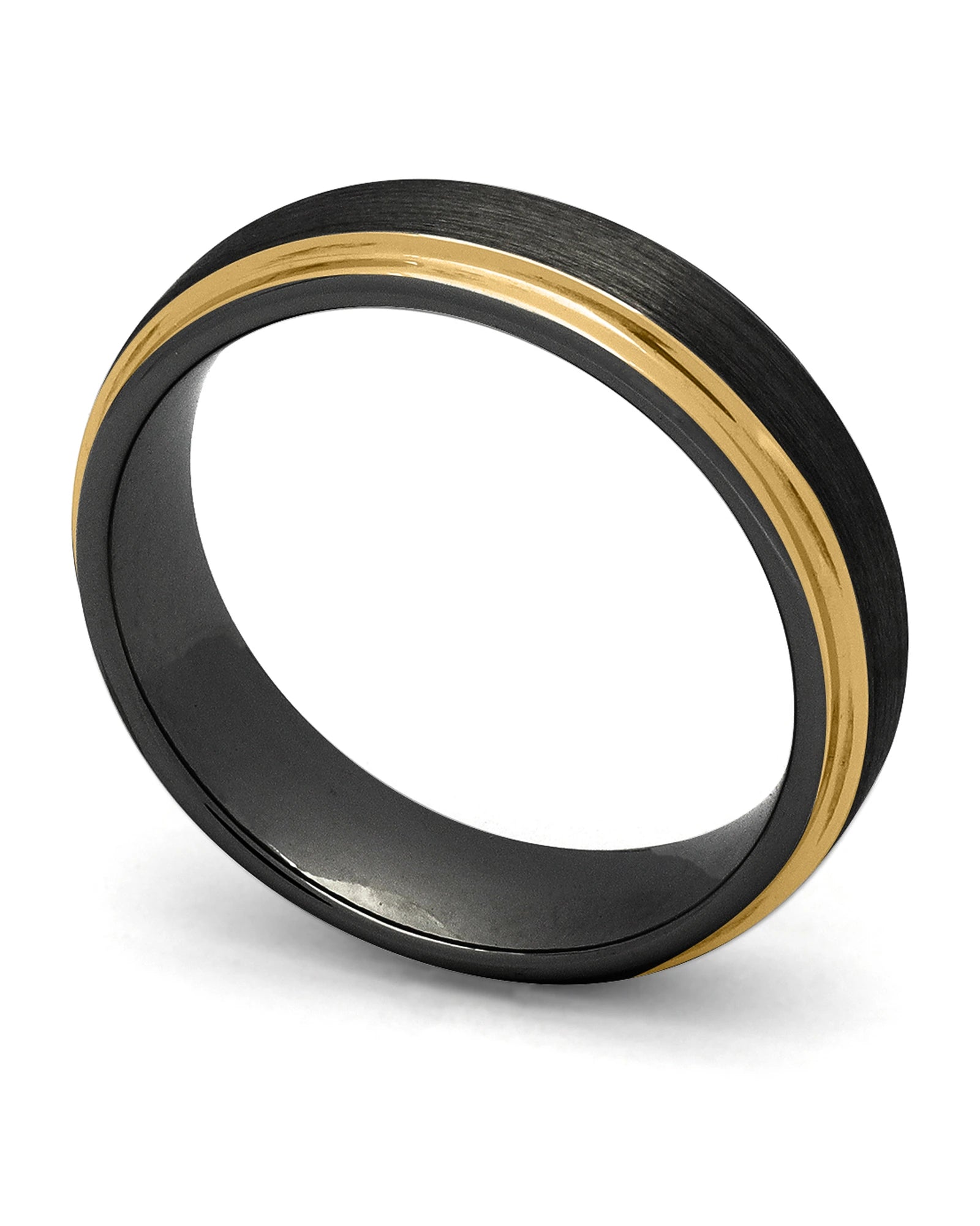 Black and gold 6mm Ridge tungsten wedding ring shown at an angle