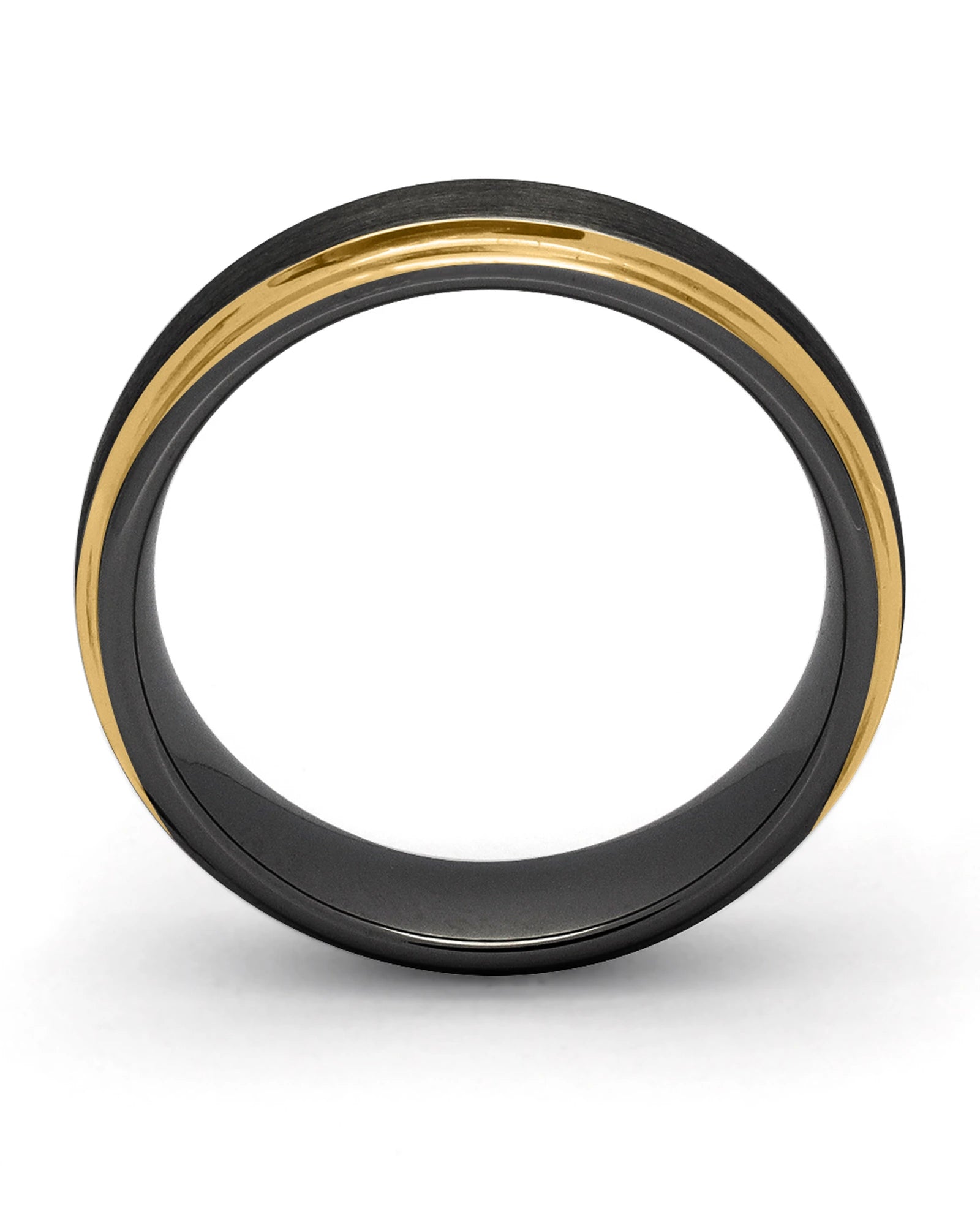 Side view of black and gold 6mm Ridge tungsten wedding ring