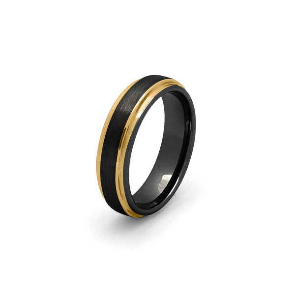Black & Gold 6mm Stepped Edge Tungsten Ring – Brushed Centre