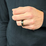 mens black brushed tungsten ring with polished gold beveled edges