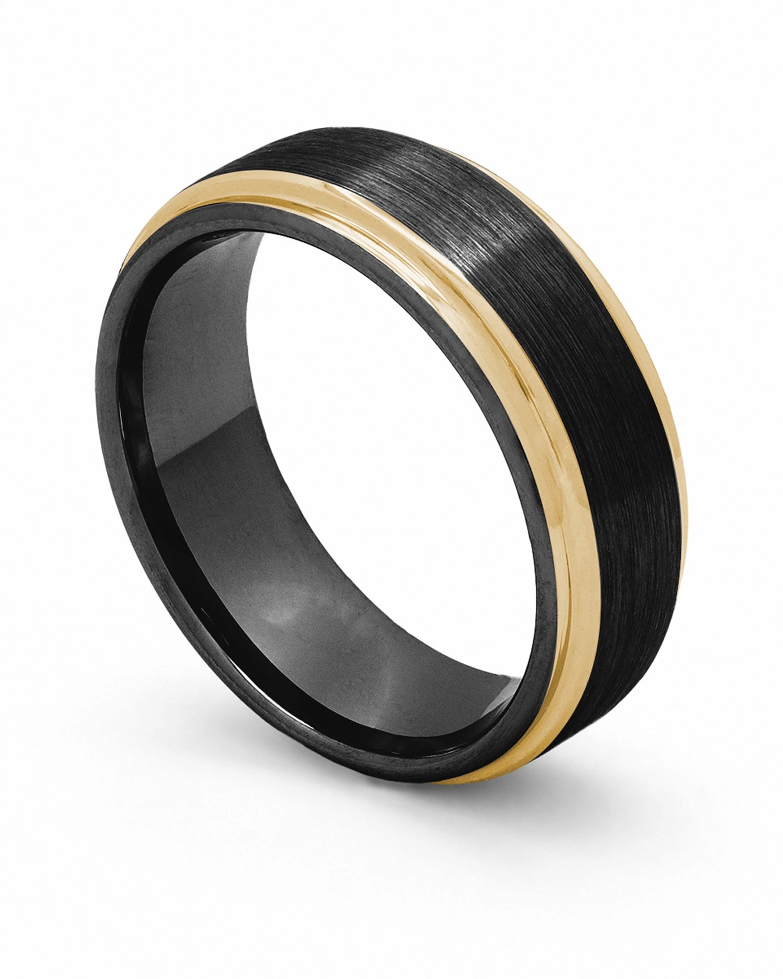 Black and gold 8mm Ridge tungsten wedding ring shown at an angle