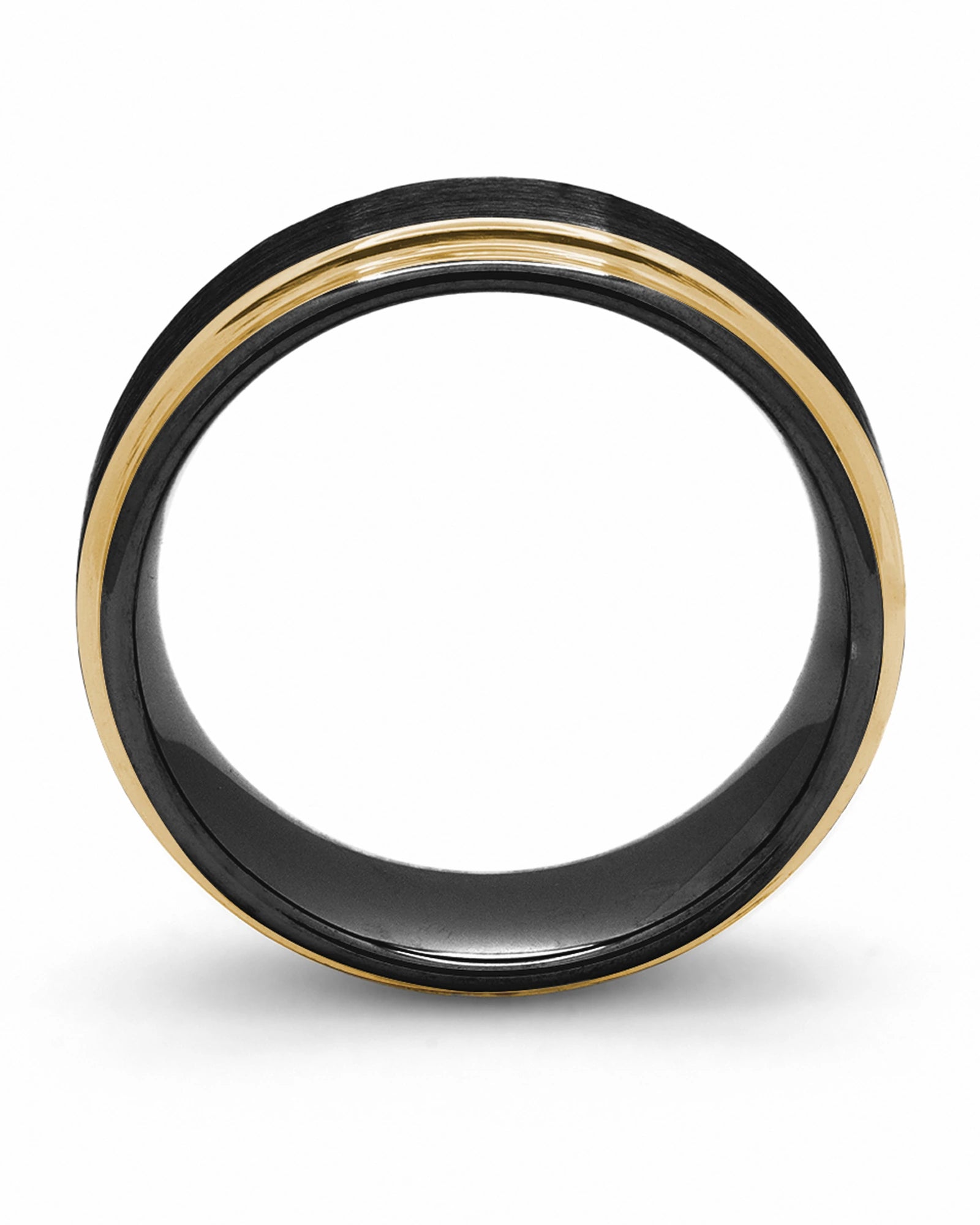 Side view of black and gold 8mm Ridge tungsten wedding ring