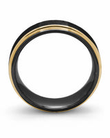Side view of black and gold 8mm Ridge tungsten wedding ring
