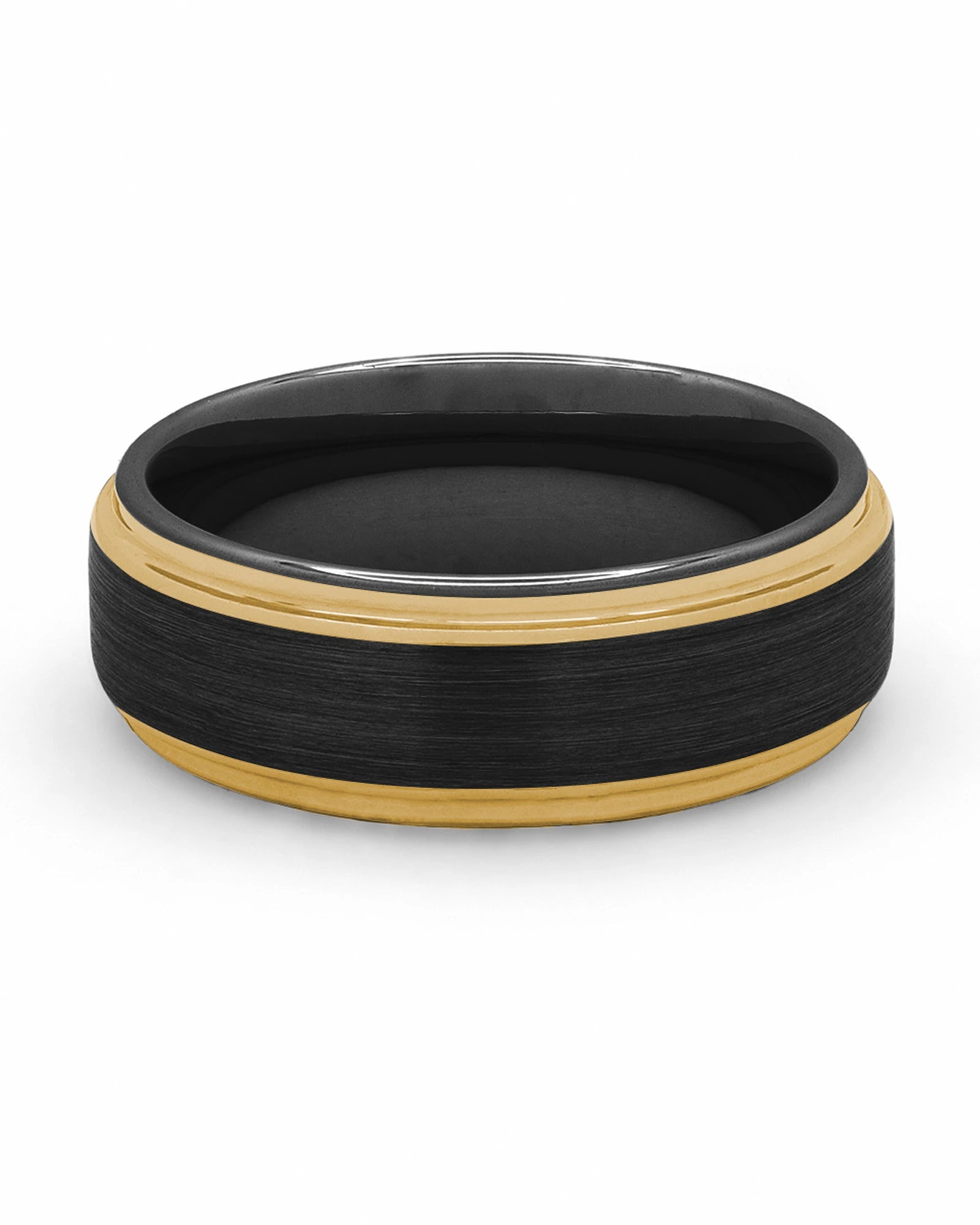 Front view of black and gold 8mm Ridge tungsten wedding band