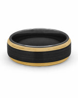 Front view of black and gold 8mm Ridge tungsten wedding band