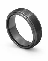 Black 8mm Ridge tungsten wedding ring shown at an angle