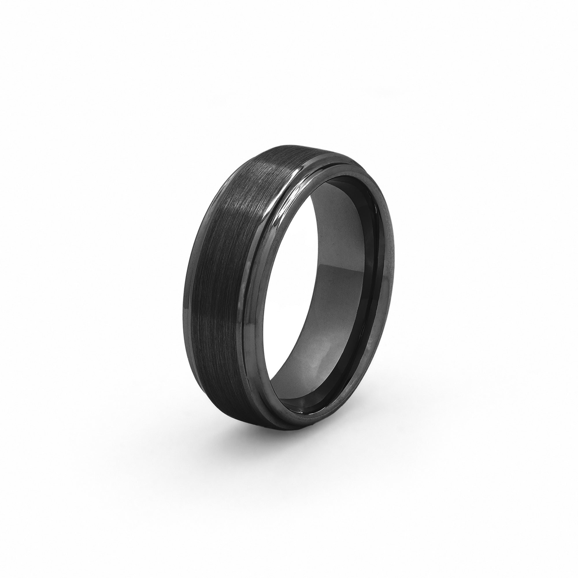 mens black brushed tungsten ring with polished stepped edges