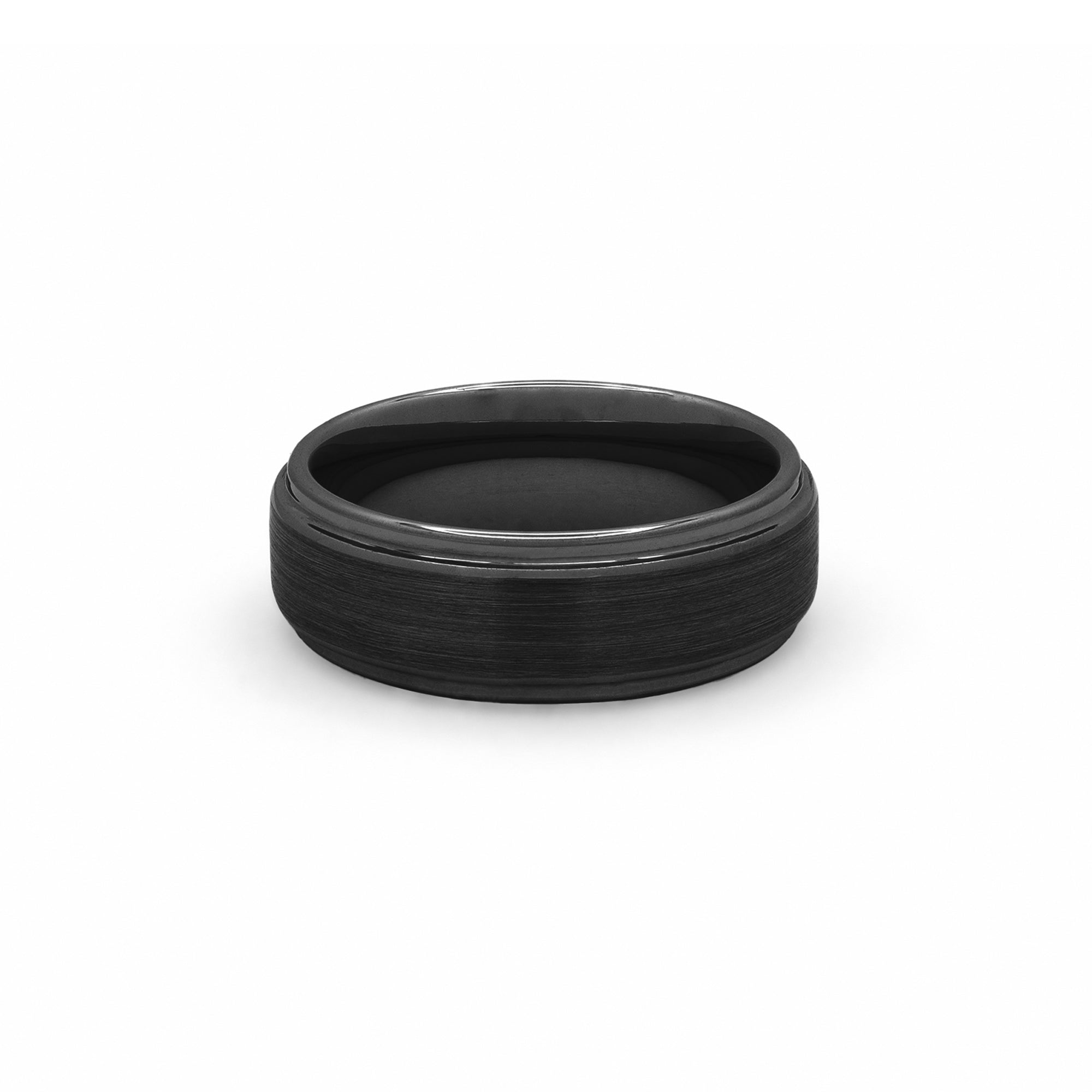 mens black brushed tungsten ring with polished stepped edges