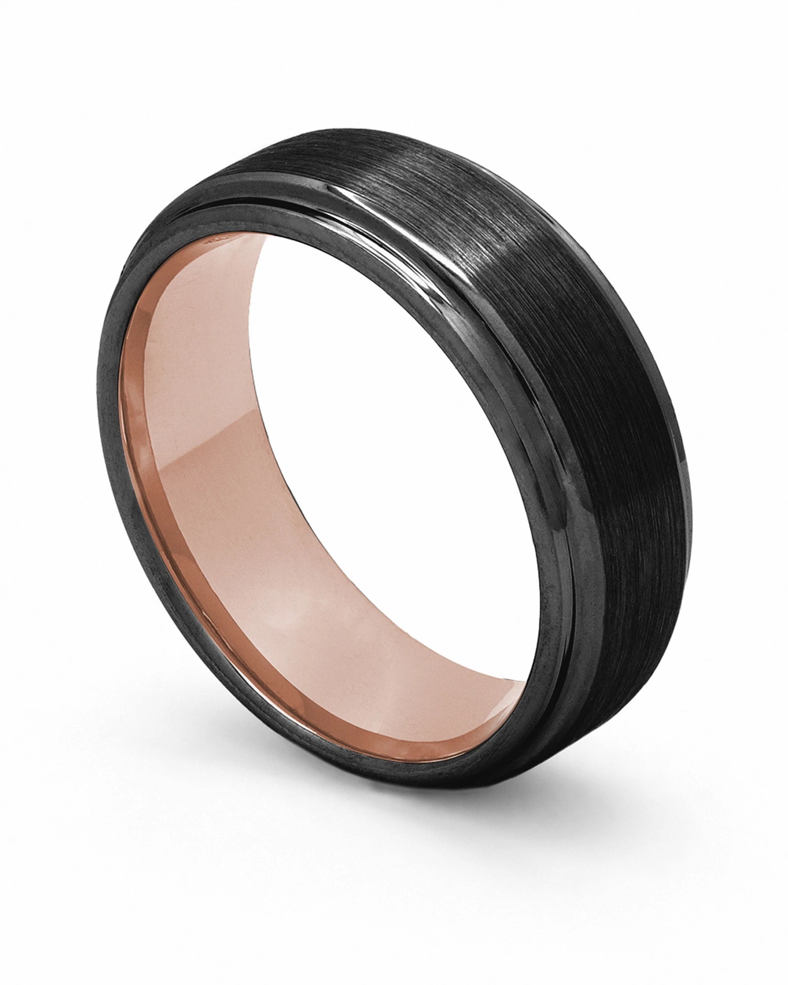 Black and rose gold Ridge tungsten wedding ring shown at an angle