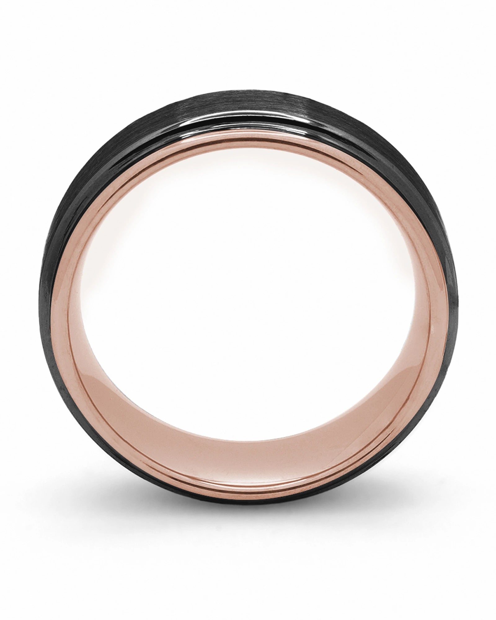 Side view of black and rose gold Ridge tungsten wedding ring