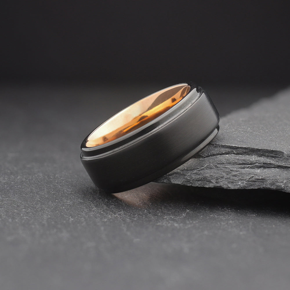 mens black and rose gold wedding band