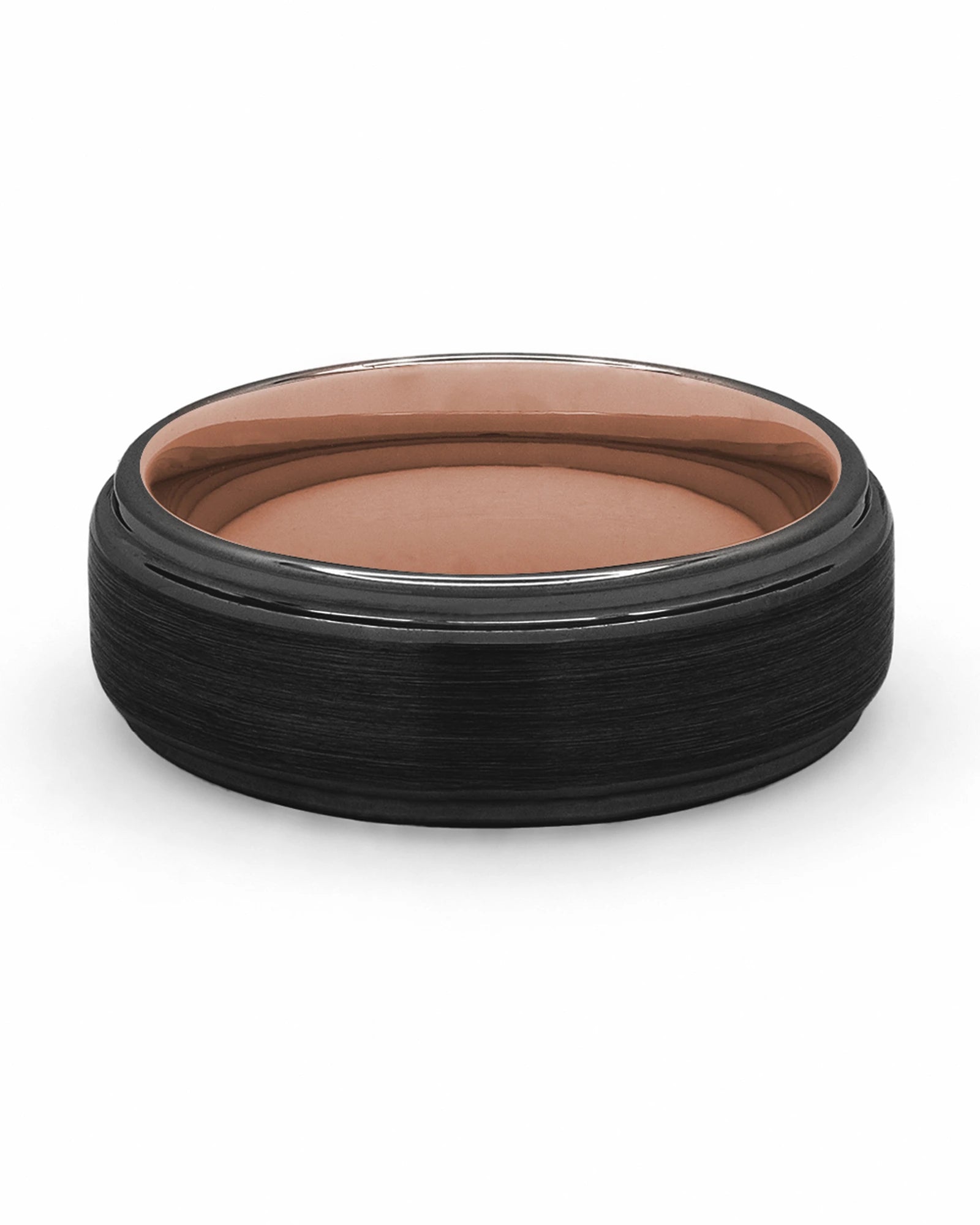 Front view of black and rose gold Ridge tungsten wedding band