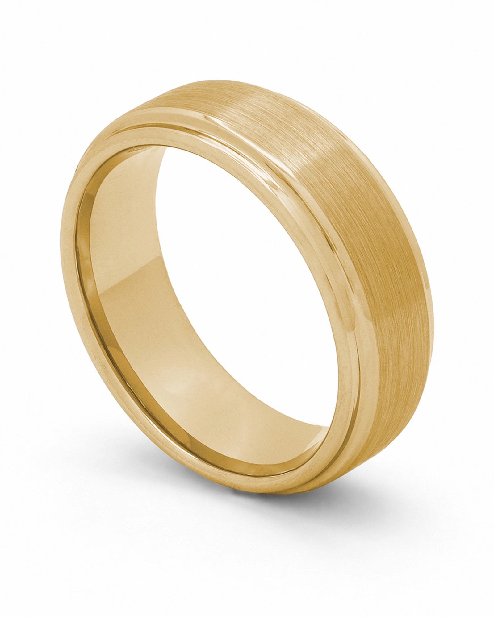 Gold 8mm Ridge tungsten wedding ring shown at an angle