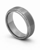 Gunmetal Ridge tungsten wedding ring shown at an angle