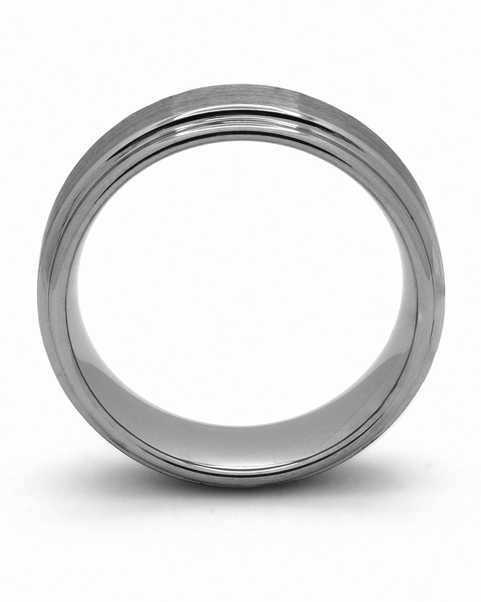 Side view of gunmetal Ridge tungsten wedding ring
