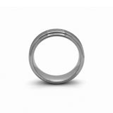 Close-up of gunmetal grey men’s ring featuring scratch-proof brushed finish