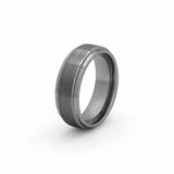 Gunmetal grey men’s wedding band with brushed centre and polished stepped edge