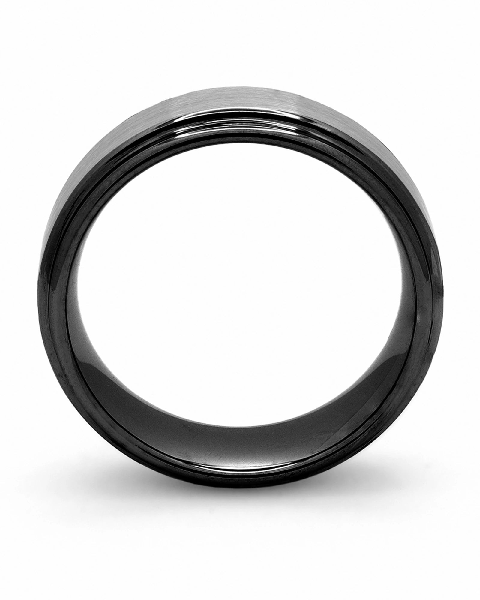 Side view of silver and black Ridge tungsten wedding ring