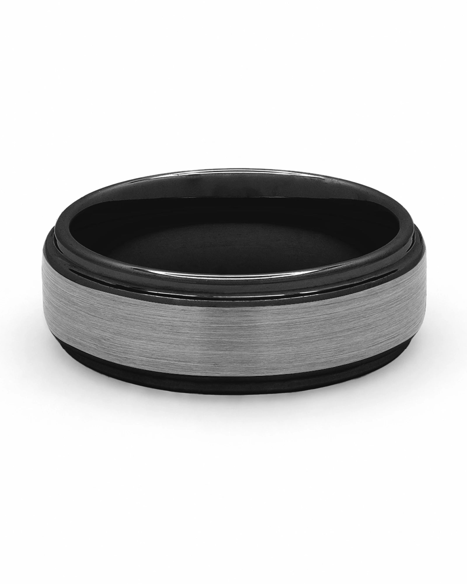 Front view of silver and black Ridge tungsten wedding band