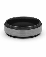 Front view of silver and black Ridge tungsten wedding band
