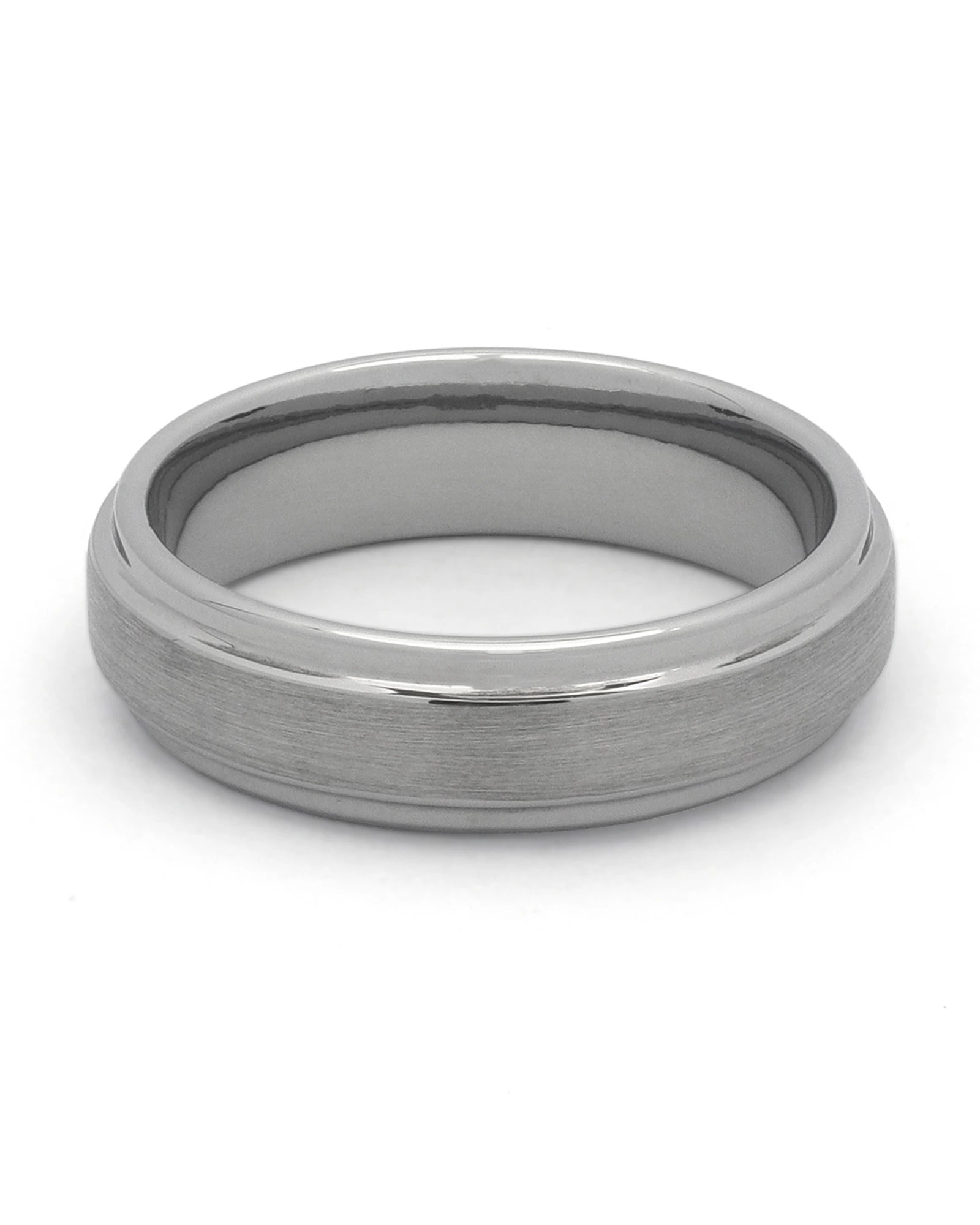 Front view of silver brushed 6mm Ridge tungsten wedding band