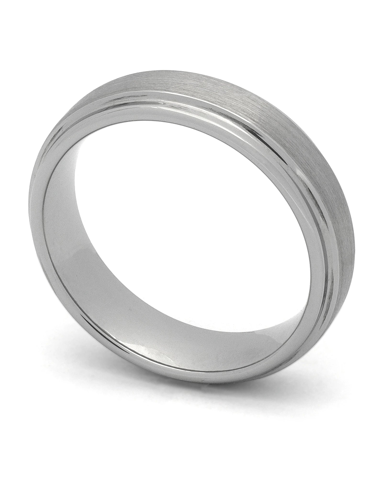 Silver brushed 6mm Ridge tungsten wedding ring shown at an angle