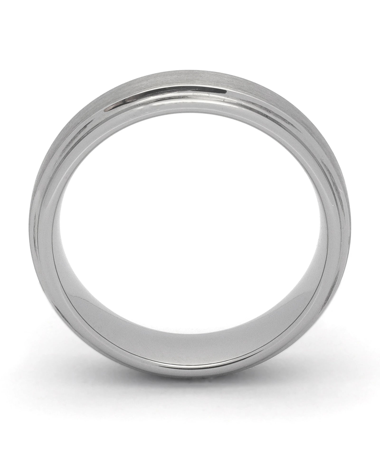 Side view of silver brushed 6mm Ridge tungsten wedding ring