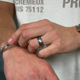 men brushed silver tungsten ring with polished beveled edges