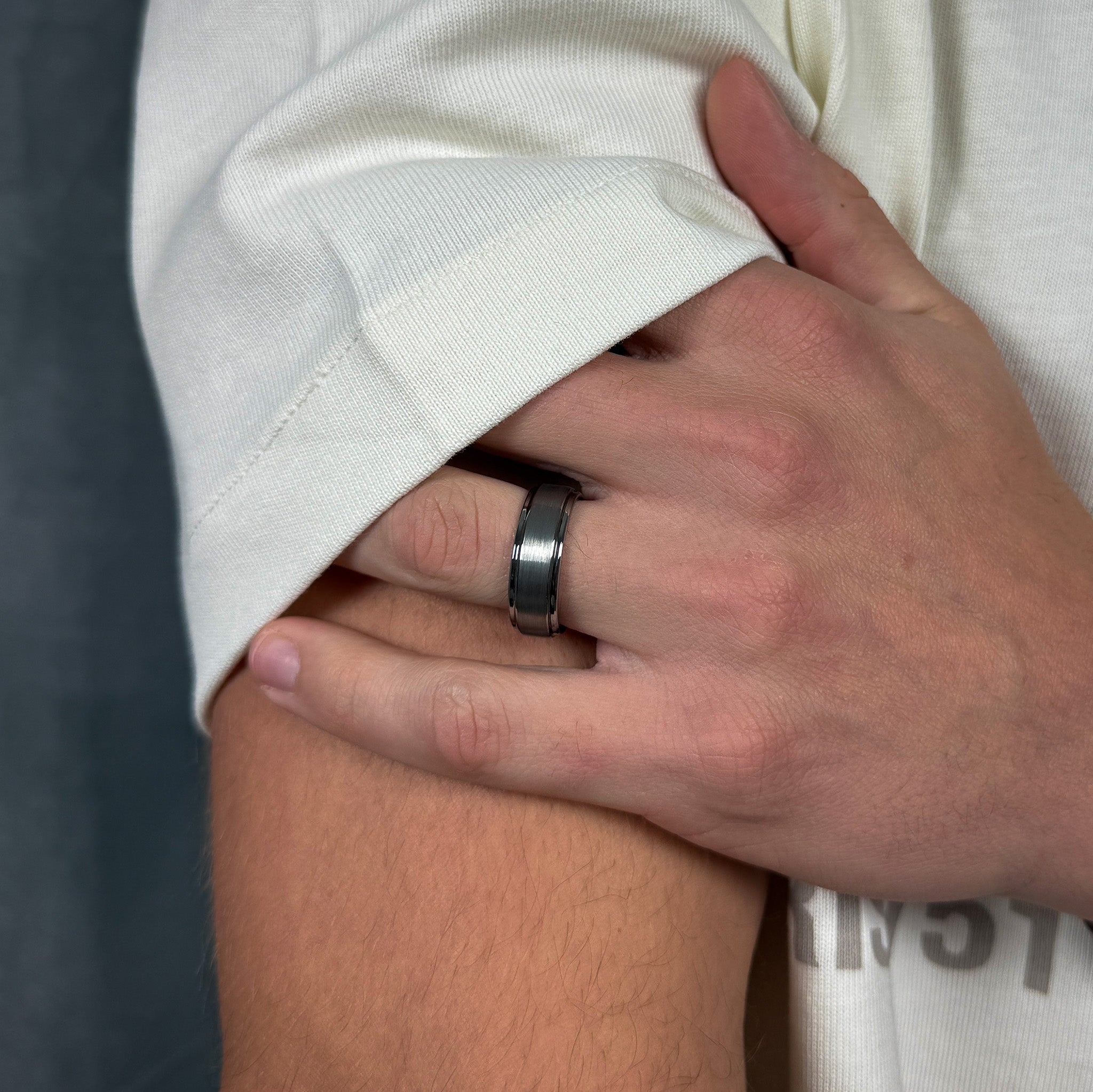 men brushed silver tungsten ring with polished beveled edges