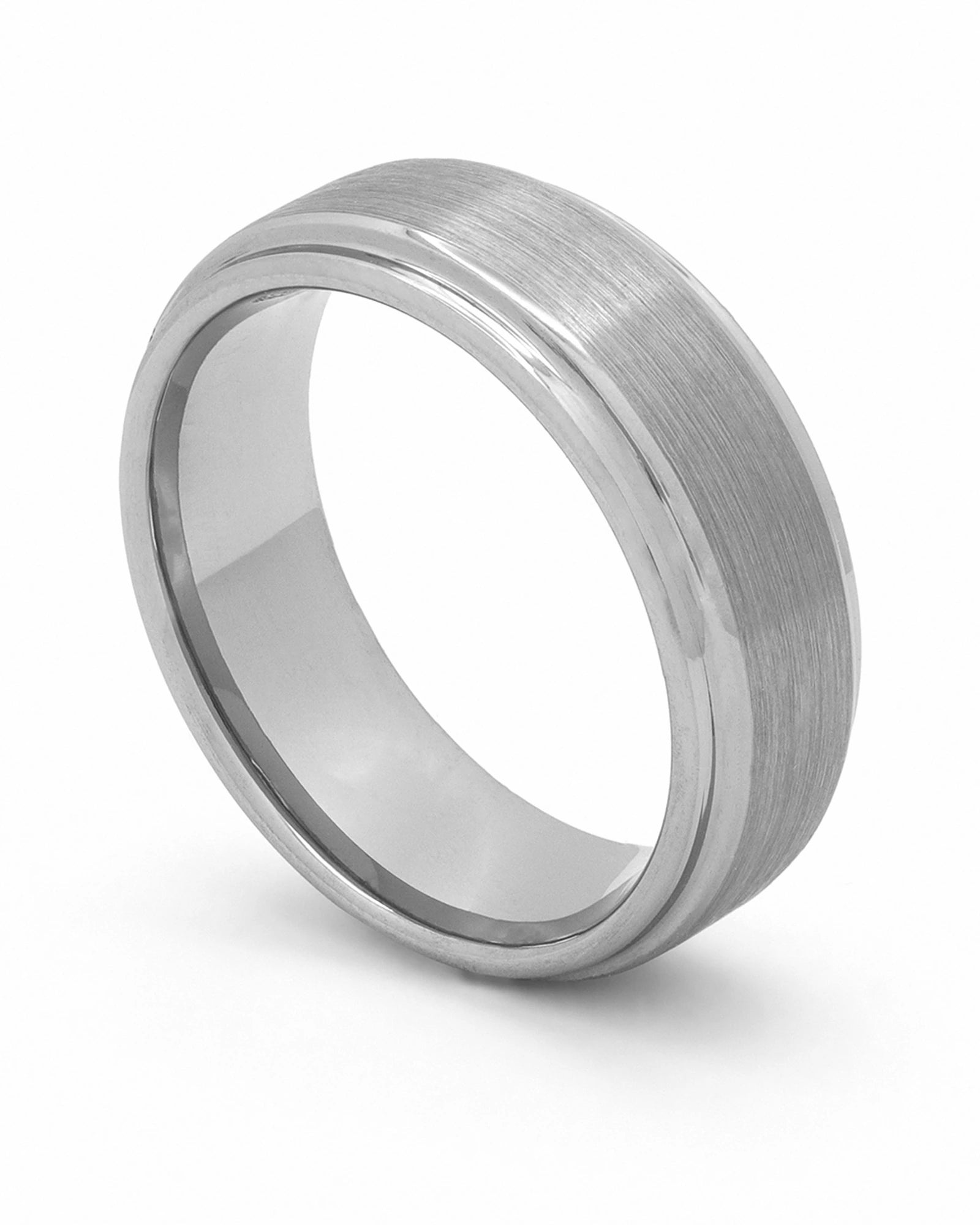 Silver 8mm Ridge tungsten wedding ring shown at an angle