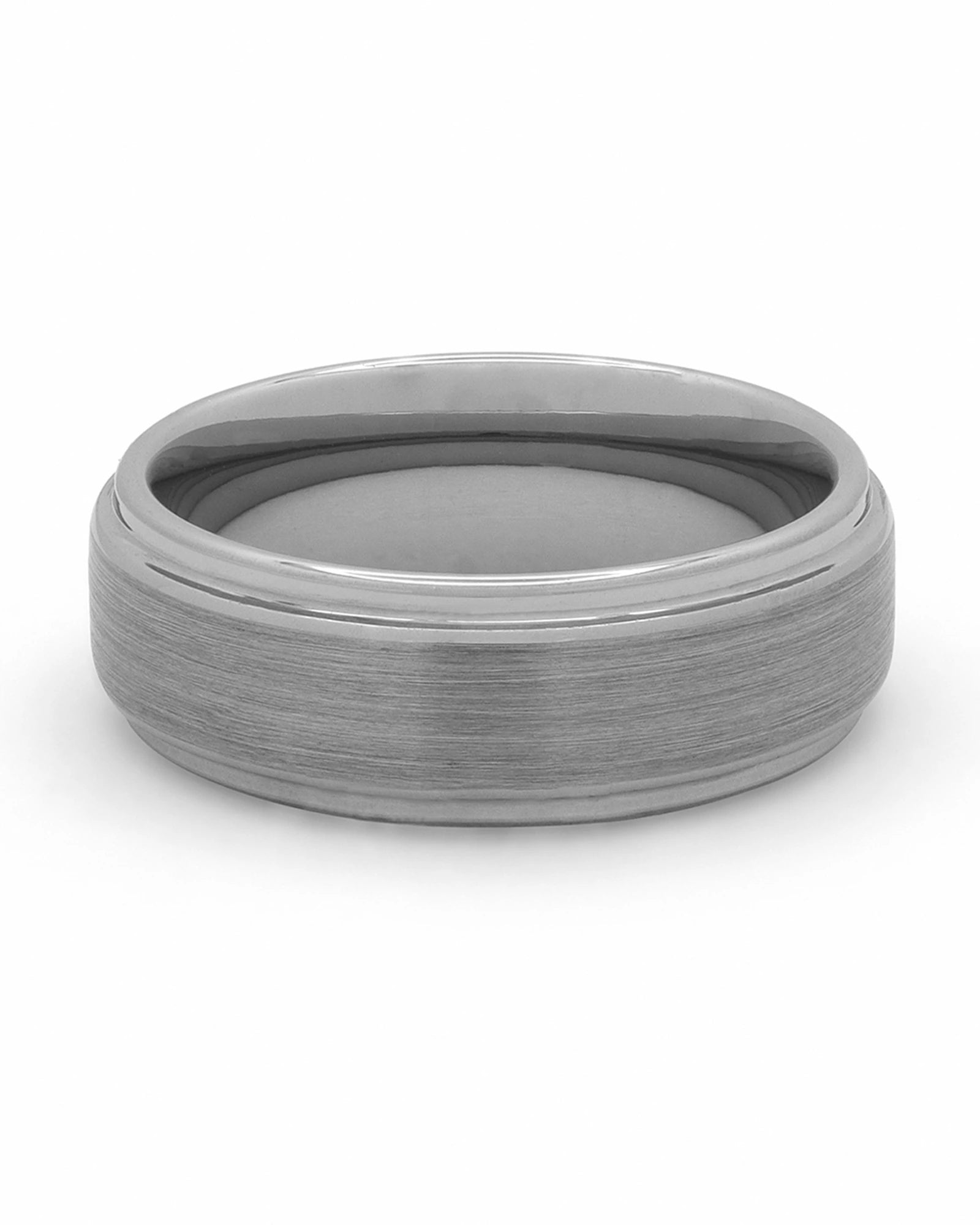 Front view of silver 8mm Ridge tungsten wedding band