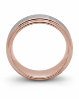 Side view of silver and rose gold Ridge tungsten wedding ring