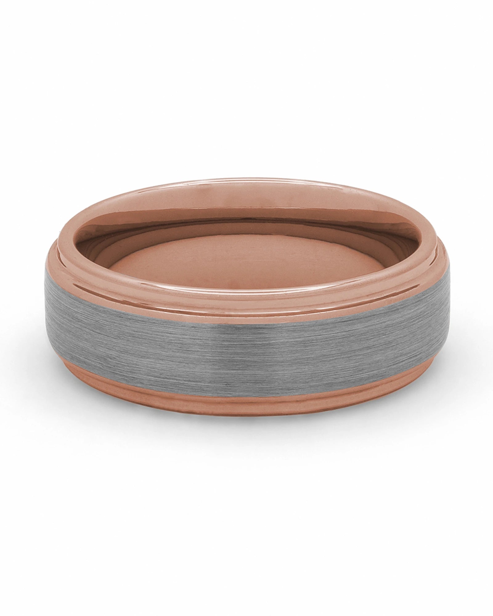 Front view of silver and rose gold Ridge tungsten wedding band