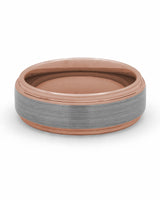 Front view of silver and rose gold Ridge tungsten wedding band