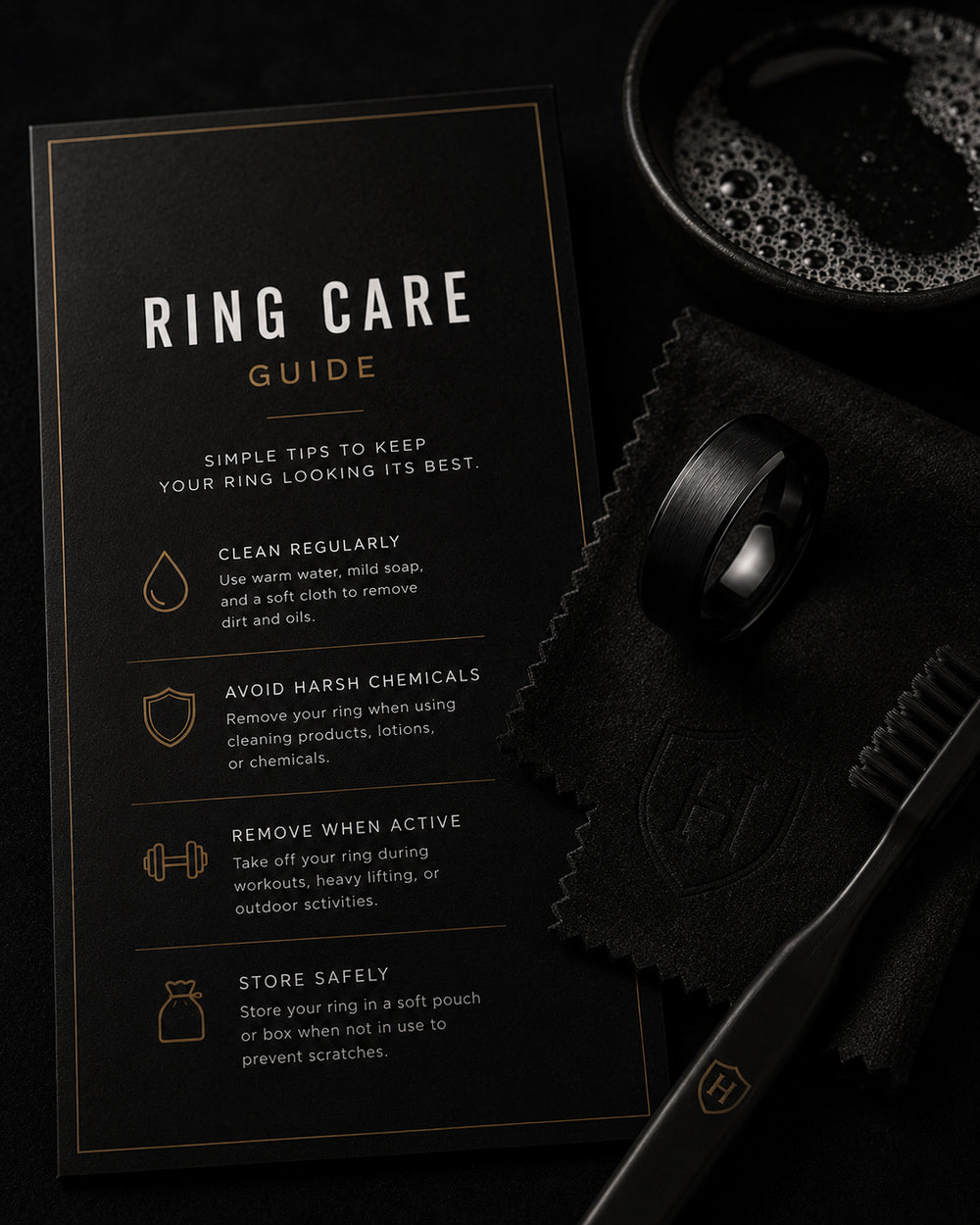 Ring care guide with cleaning tools on a dark background
