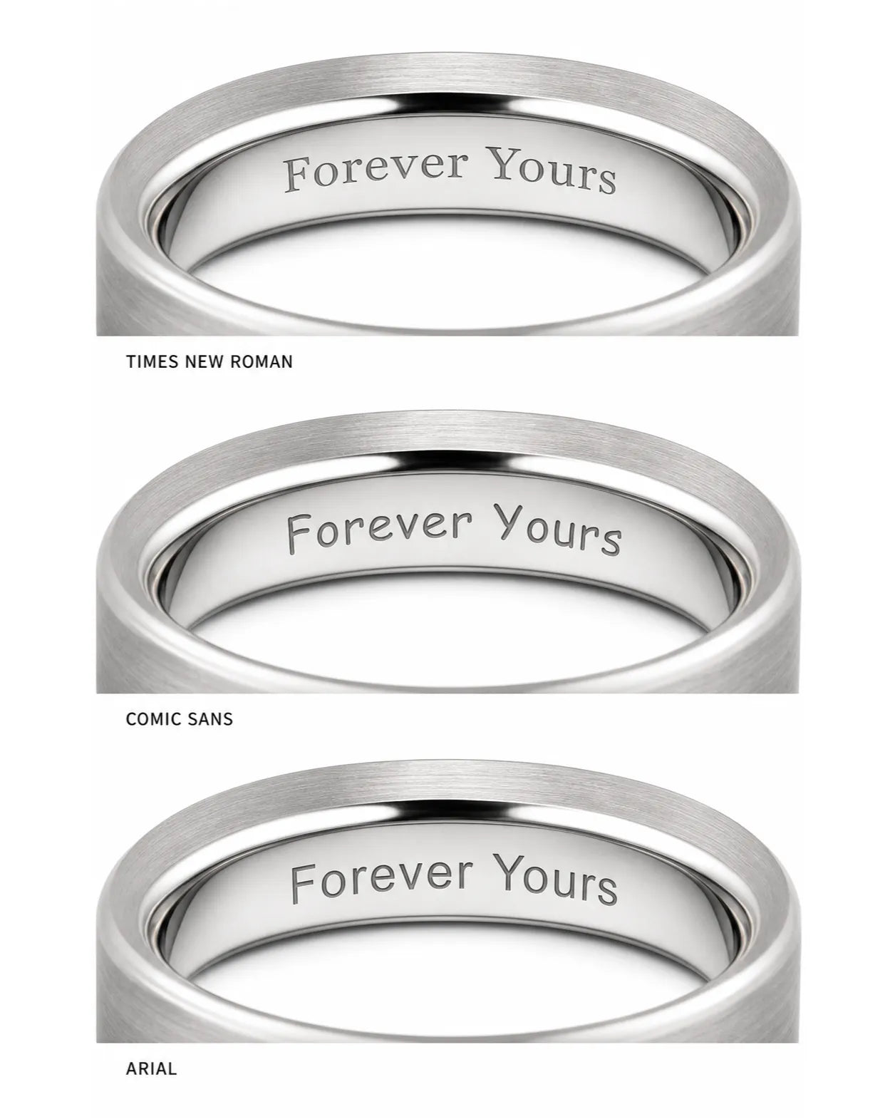 Ring engraving font comparison showing Times New Roman, Comic Sans and Arial