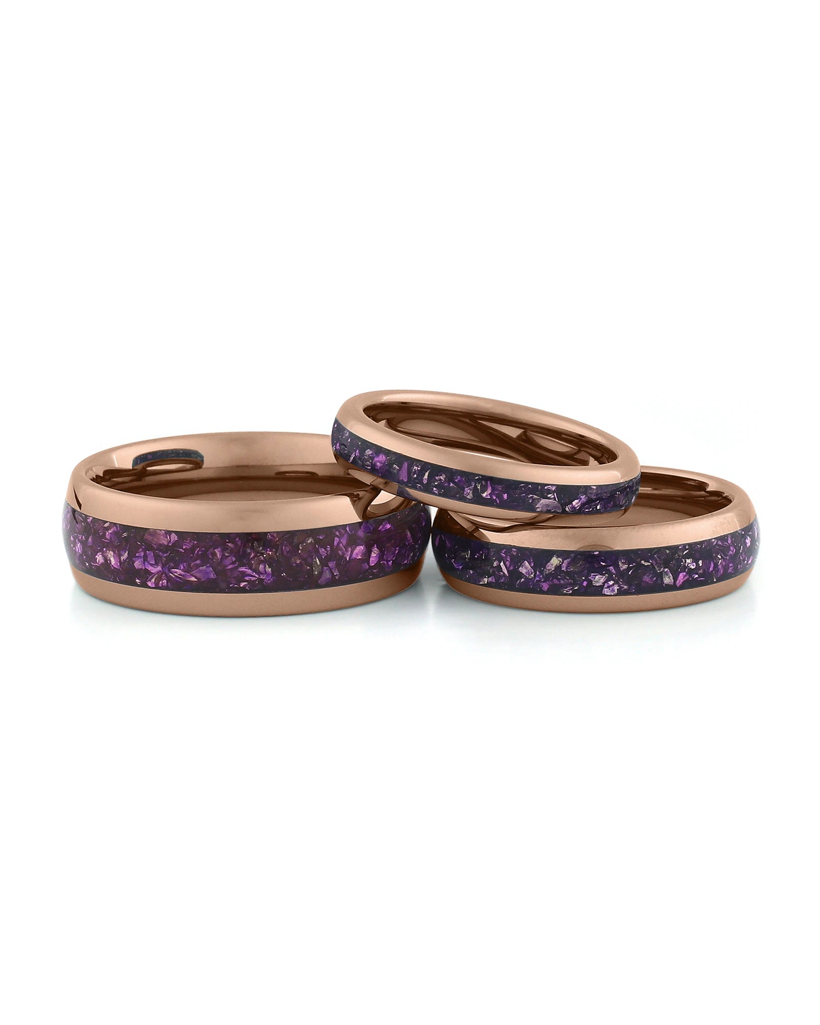 Rose gold amethyst tungsten couples wedding ring set shown together