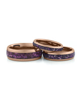 Rose gold amethyst tungsten couples wedding ring set shown together
