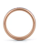 Side view of rose gold 4mm tungsten wedding ring with amethyst inlay