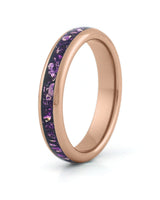 Rose gold tungsten wedding ring with purple amethyst stone inlay, 4mm band