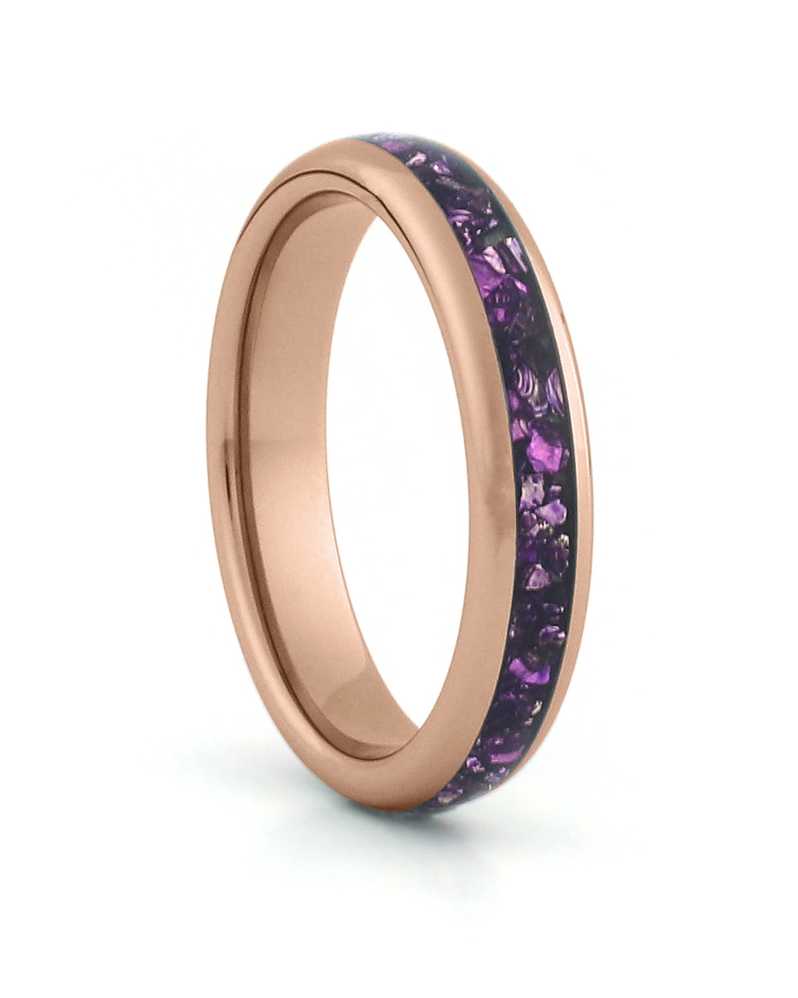 Rose gold 4mm tungsten ring with amethyst inlay shown at an angle