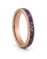 Rose gold 4mm tungsten ring with amethyst inlay shown at an angle