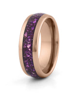 Men's rose gold tungsten wedding ring with amethyst stone inlay, 8mm band