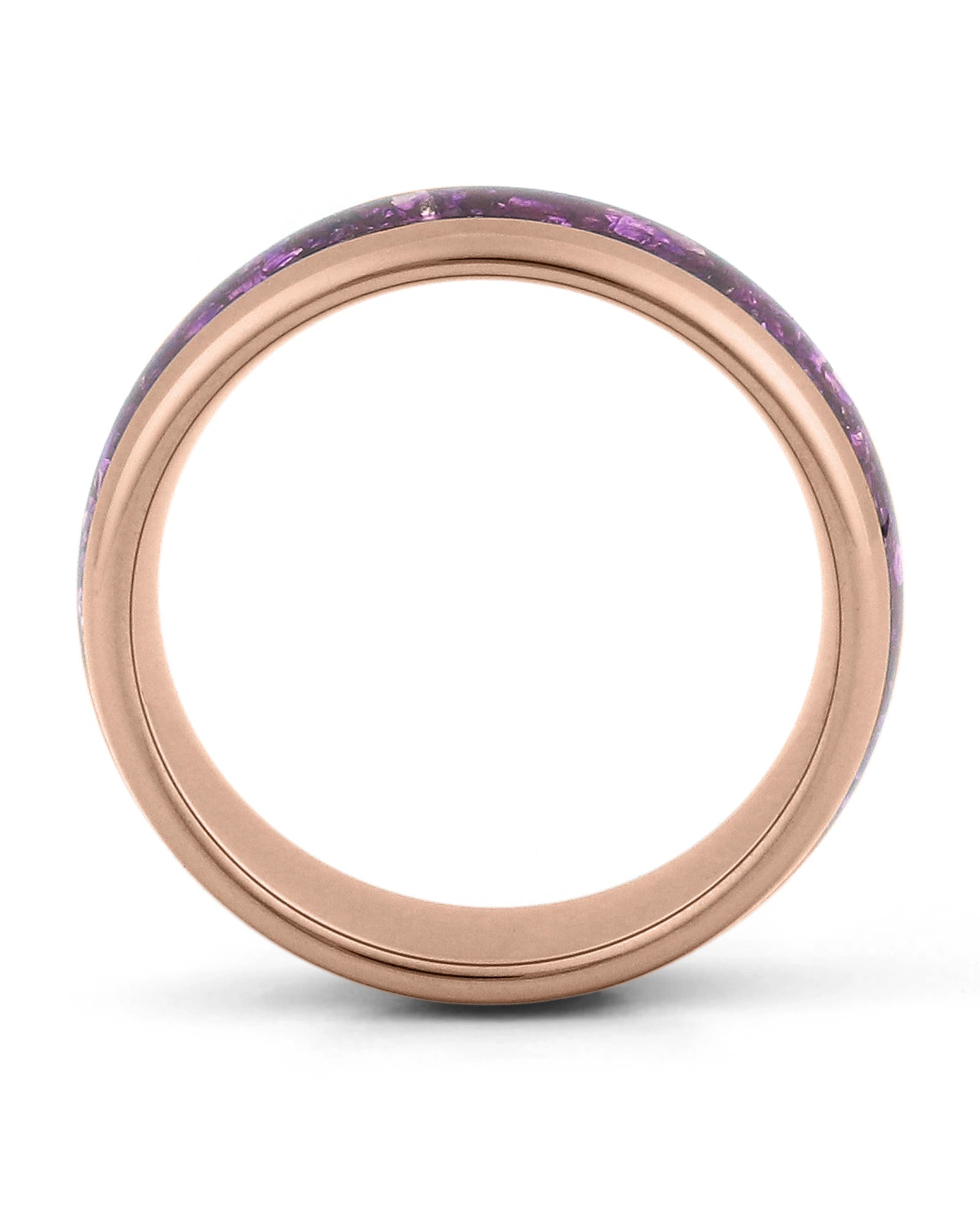 Side view of rose gold 8mm tungsten wedding ring with amethyst inlay