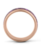 Side view of rose gold 8mm tungsten wedding ring with amethyst inlay