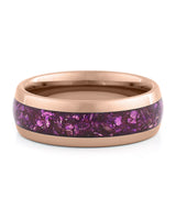 Front view of rose gold 8mm amethyst tungsten wedding band