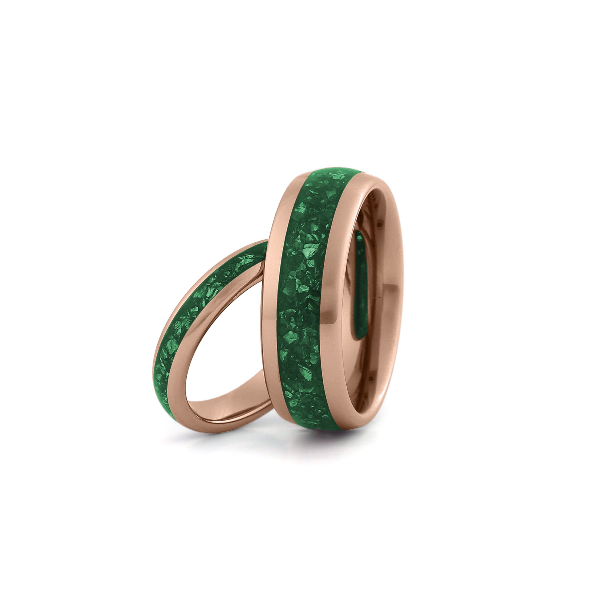 rose gold emerald couples wedding ring set
