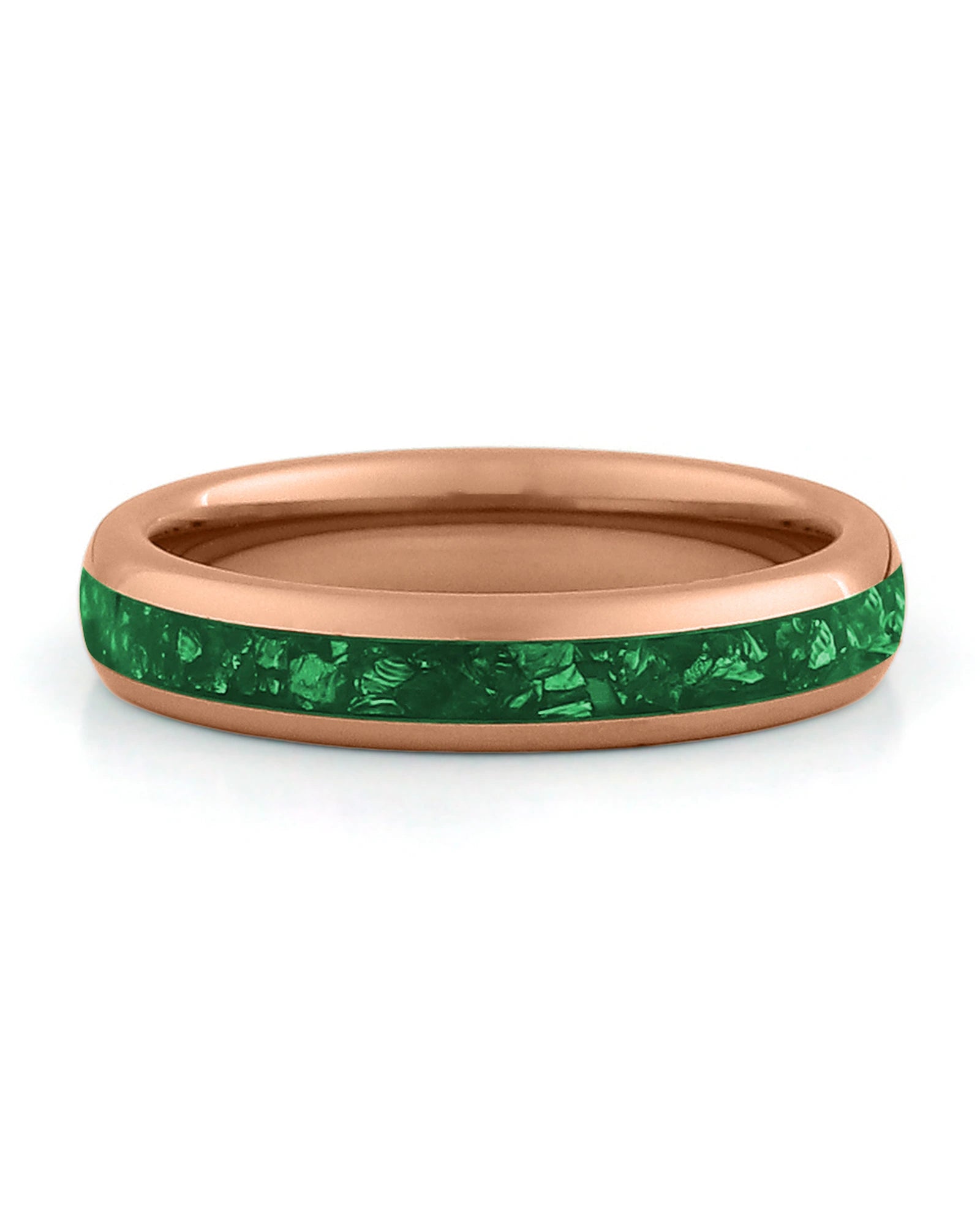 Front view of rose gold 4mm emerald tungsten wedding band
