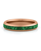 Front view of rose gold 4mm emerald tungsten wedding band